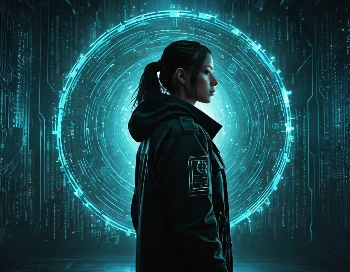 A digital shield protecting a person's silhouette against a backdrop of dark, swirling cyber threats like hackers and viruses. Glowing locks and privacy symbols float around, emphasizing security and identity protection. The color palette should be a mix of deep blues and vibrant greens, creating a sense of urgency yet hope. Include binary code subtly in the background to enhance the tech feel. cyberpunk. super-realistic.