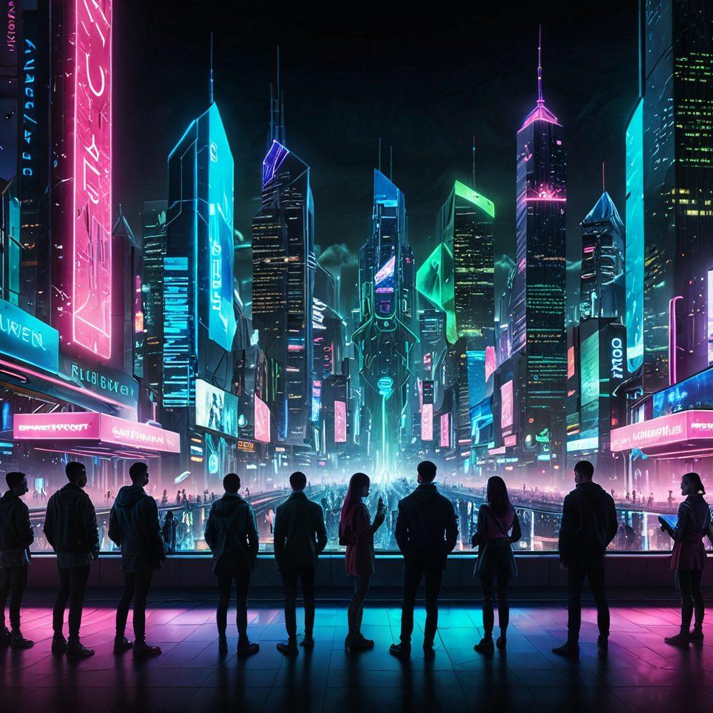 A futuristic city skyline at night, illuminated with neon lights, showcasing a digital shield protecting a diverse group of people engaging with technology. Include digital binary code cascading around them, representing the theme of identity safeguarding against cyber threats. The atmosphere should feel dynamic and inspiring, emphasizing technology and security. cyberpunk. vibrant colors. 3D.