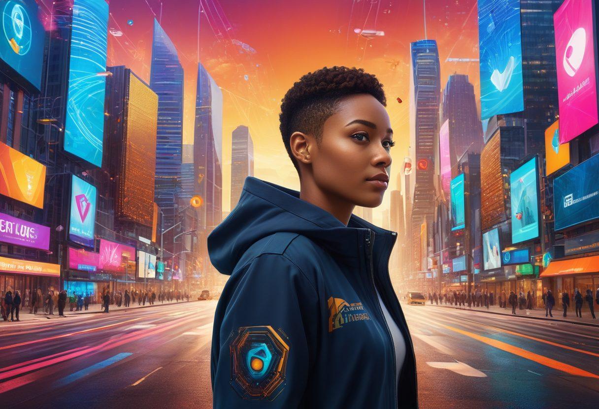 A confident individual surrounded by digital icons representing security, such as locks, shields, and biometric patterns, symbolizing empowerment against identity theft. The background features a dynamic cityscape with modern technology elements like data streams and a glowing digital shield. Warm, uplifting colors to convey a sense of hope and strength. super-realistic. vibrant colors. 3D.